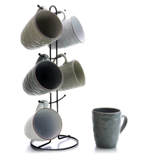 Elama Textured Wave 6-Piece 12 oz. Mug Set with Stand. Assorted Colors