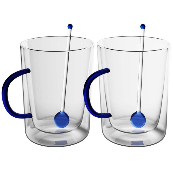 Elle Decor Double Wall Glass Coffee Mugs with Spoons Set of 2