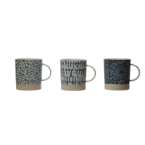 Hand-Stamped 16 oz. Stoneware Mug. Blue & Cream Color. 3 Styles